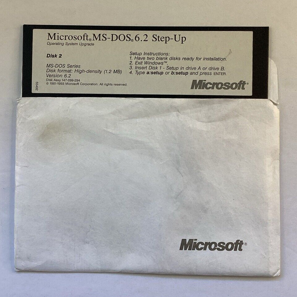 Microsoft MS-DOS 6.2 Step-Up Operating System Upgrade 5.25″ Floppy Setup Disks