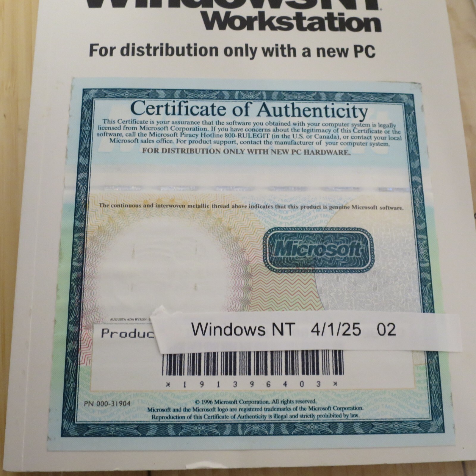 Microsoft Windows NT Workstation 4.0 SP4 CD-ROM, 3.5 Floppies, Manual & COA 02