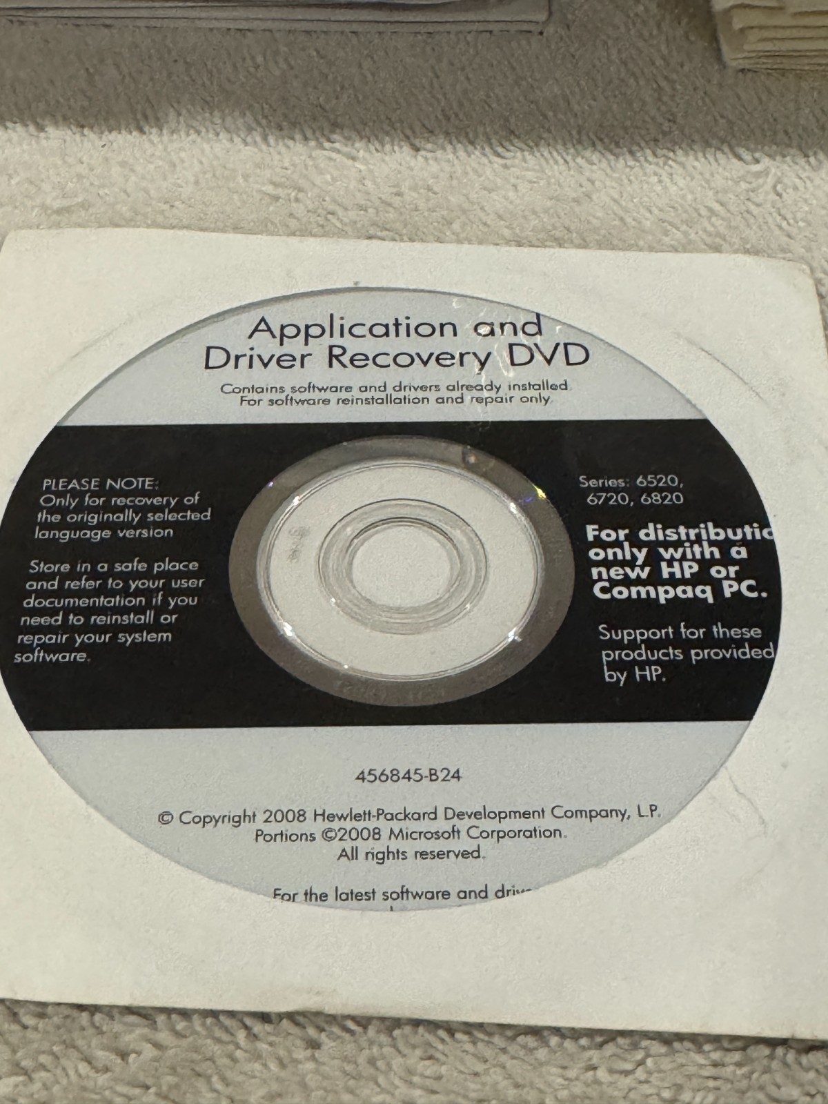 HP Application & Driver Recovery DVD Series 6520 6720 6820 – CD ONLY!!