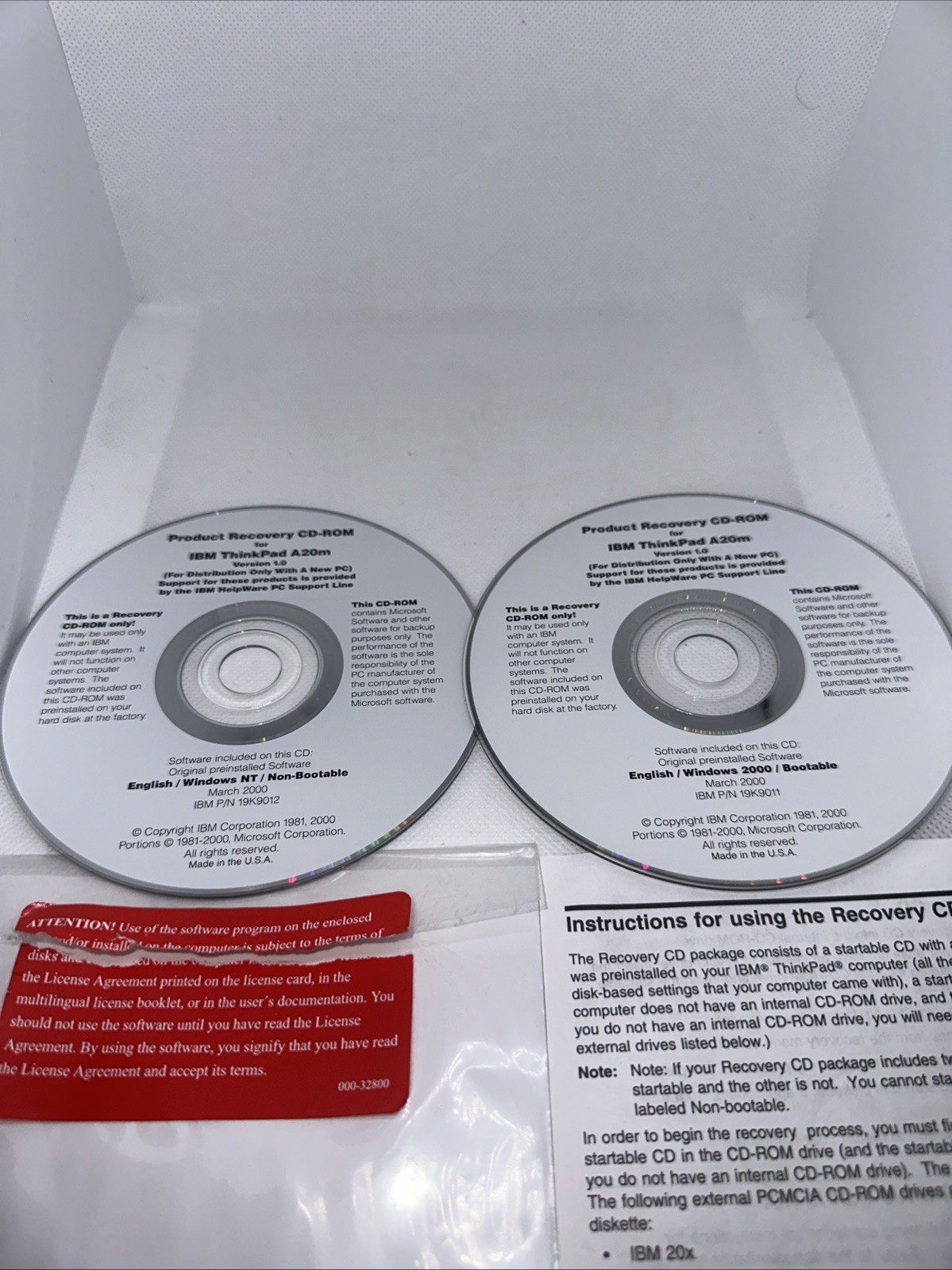 IBM Thinkpad A20m Version 1.0 Product Recovery CD-ROM 1 Windows NT And 1 2000