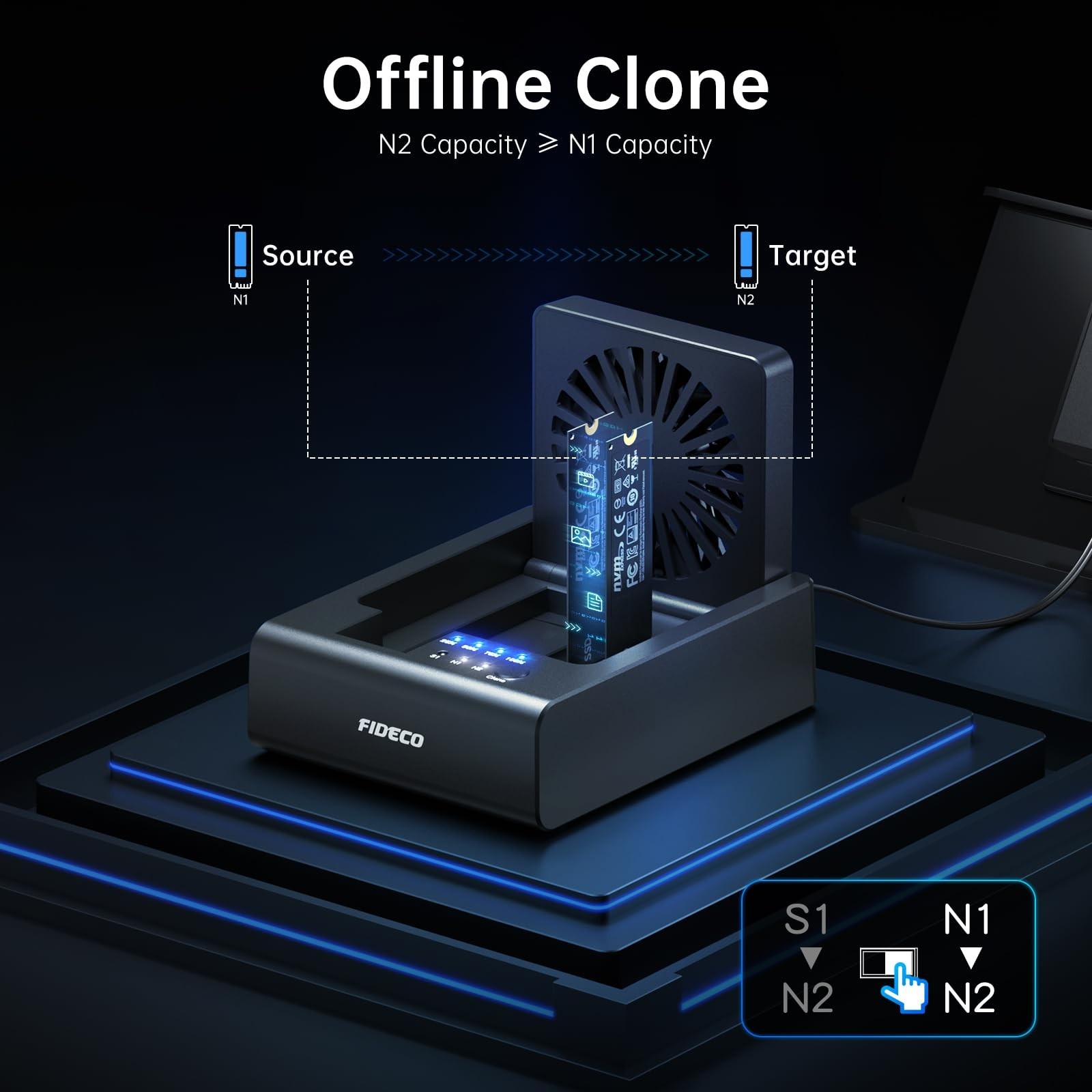 FIDECO M.2 NVMe SSD Cloner and Duplicator, 3-Bay Hard Drive Cloner Dock for M…
