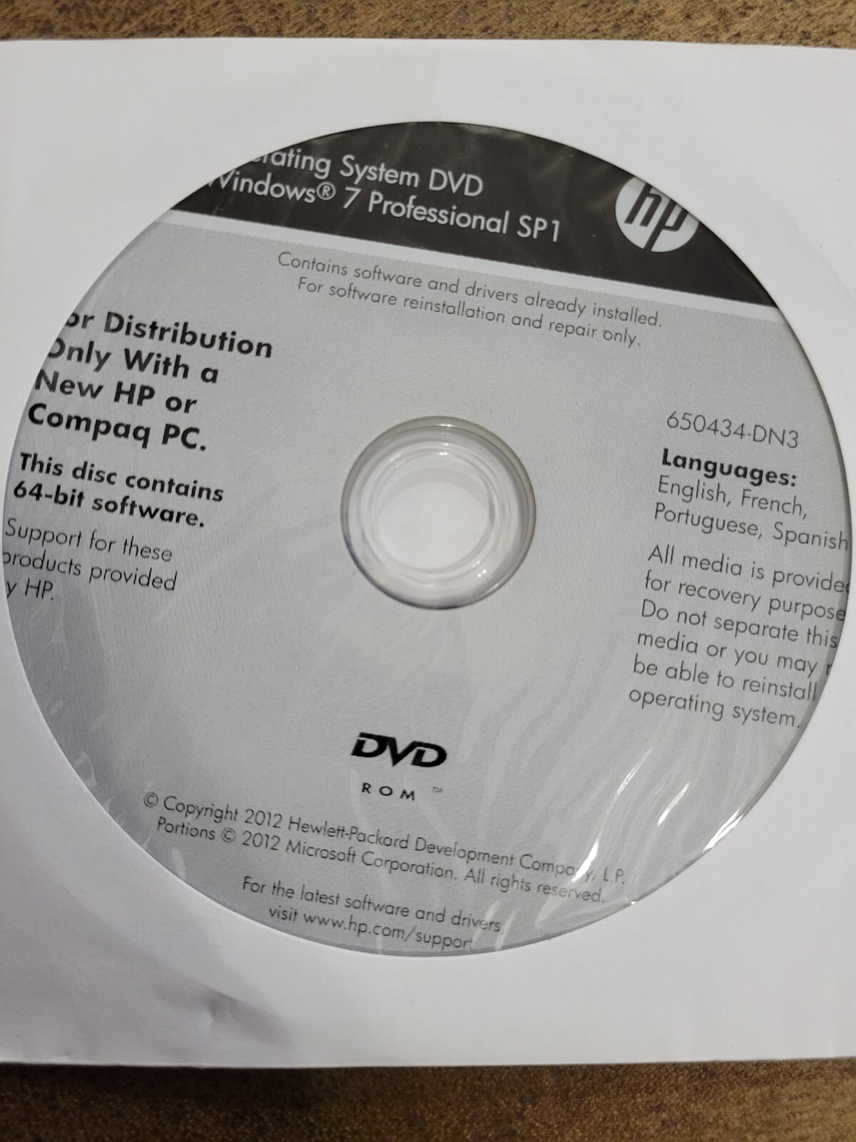 HP Compaq Windows 7 Professional SP1 64-Bit DVD System Recovery Media Software