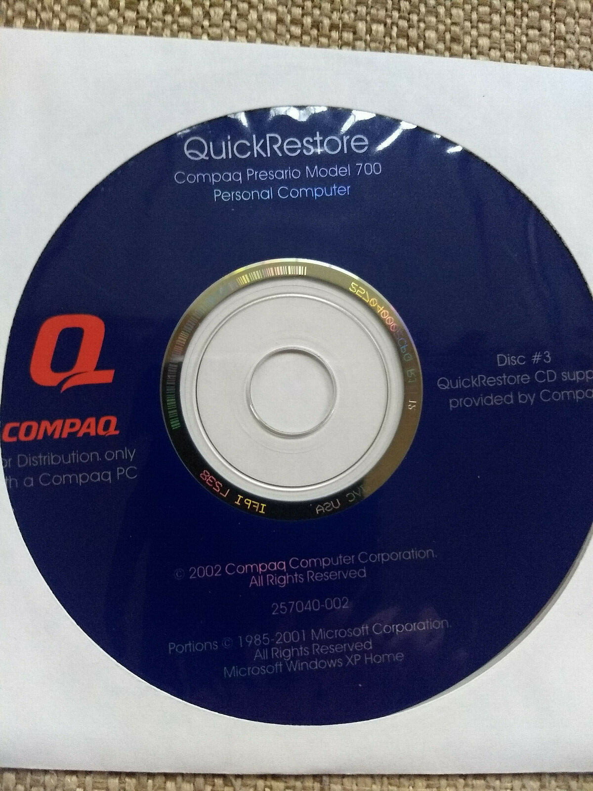 Compaq Presario Model 700 Quick Restore recovery CD Windows XP Home