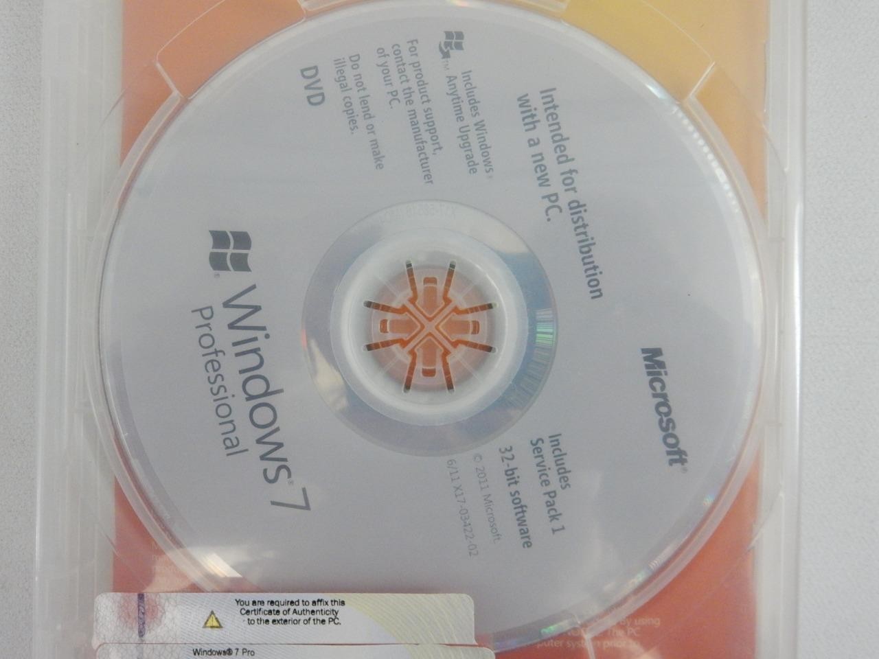 Windows 7 Professional 32-bit w/ Service Pack 1 Installation DVD & Product Key