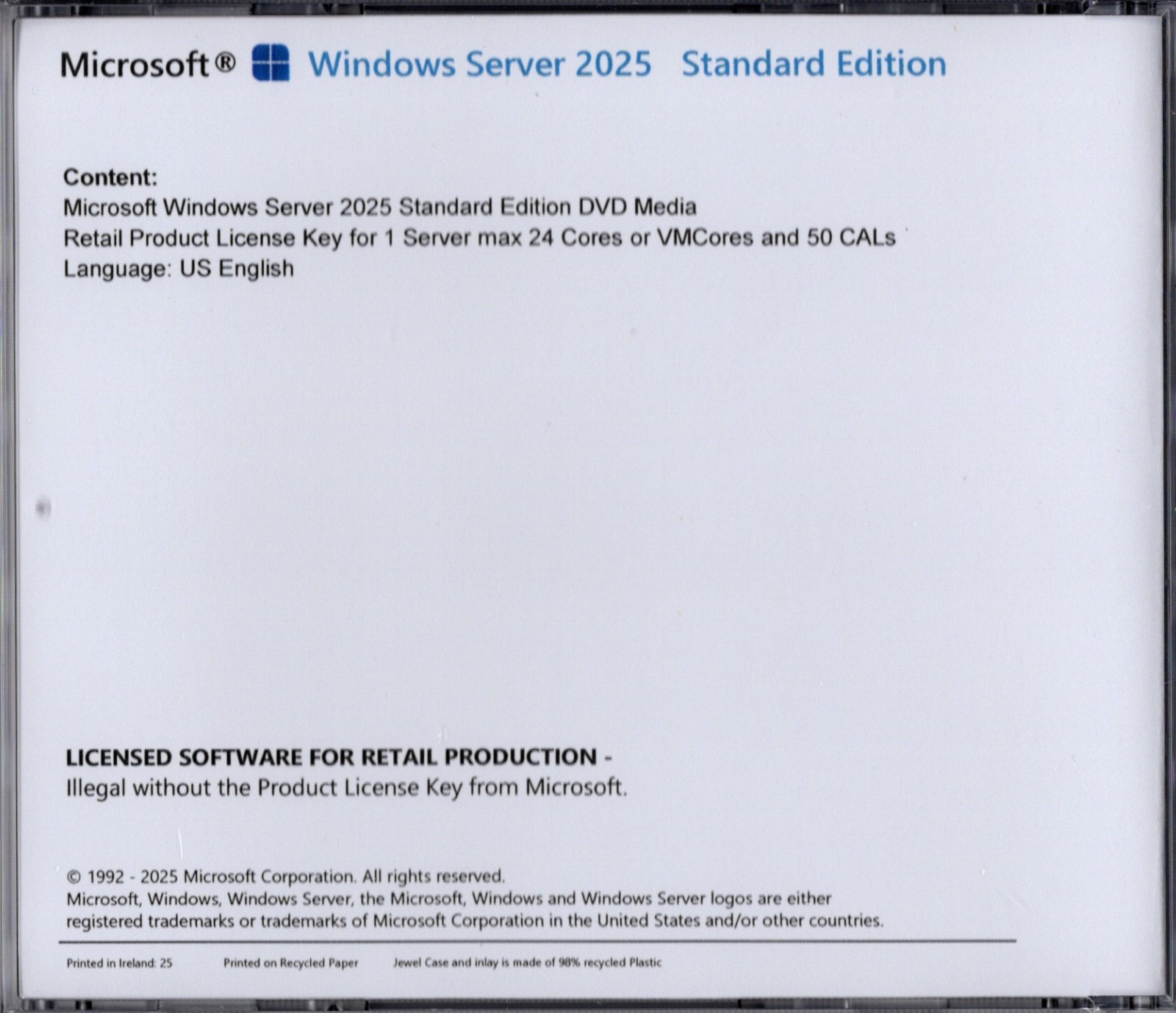 Windows Server 2025 Standard with 50 CALs, 24 Cores. Retail License, English.