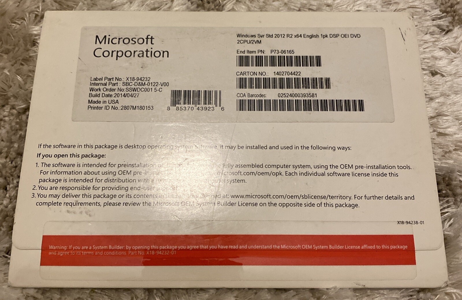 Microsoft Windows SVR STD 2012 R2 x64 English Software DVD Operating System