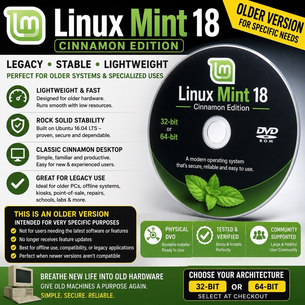 Linux Mint 18 Cinnamon 32-bit or 64-bit Bootable Install DVD Revive Old PC USA
