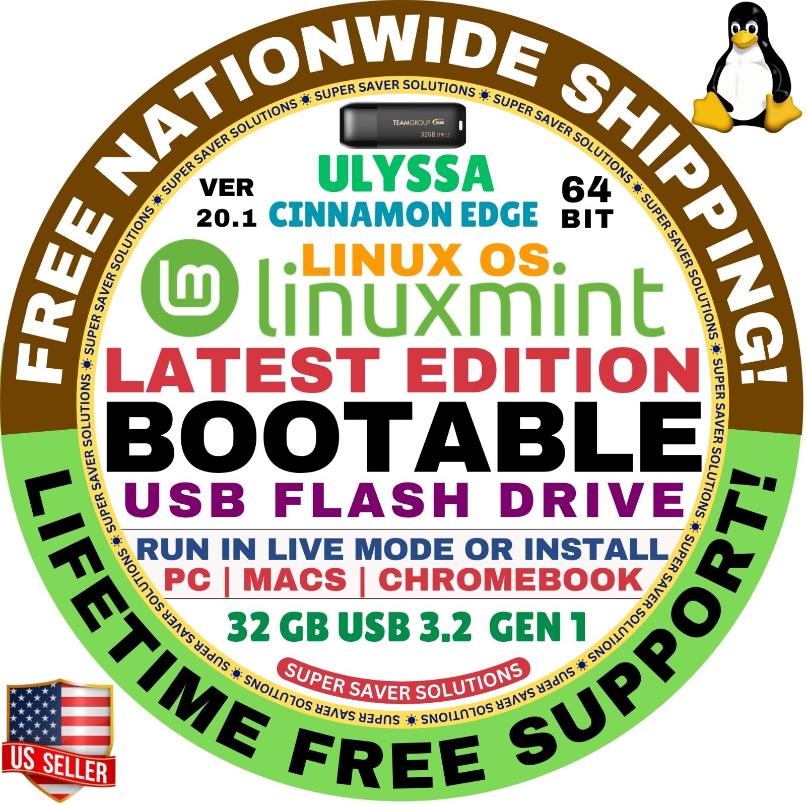 Linux MINT 20.1 USB Ulyssa Cinnamon Edge 64-Bit Live Boot, Full Install MAC, PC