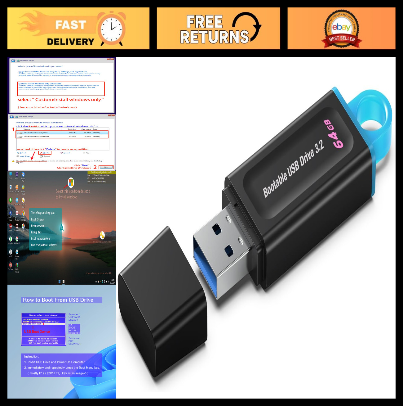 64GB Bootable USB Drive 3.2 for Windows 11/10/8.1/7, Install & Recovery Tool, UE