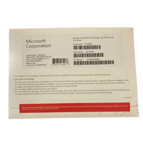 Microsoft Windows Server Standard 2012 R2 x64 English International DSP OEI DVD