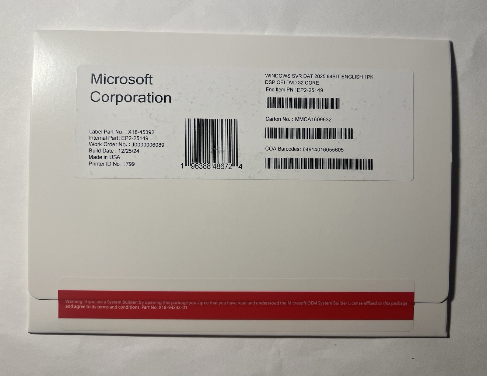 Microsoft Windows Server 2025 Datacentre 64Bit ENG DSP OEI 32 Core DVD+Key (NEW)