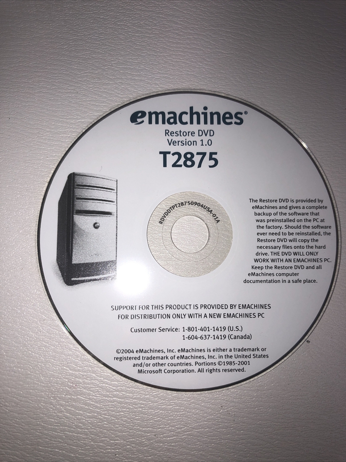 e-Machine T2875 Restore CD’s Restore DVD Version 1.0 Cd