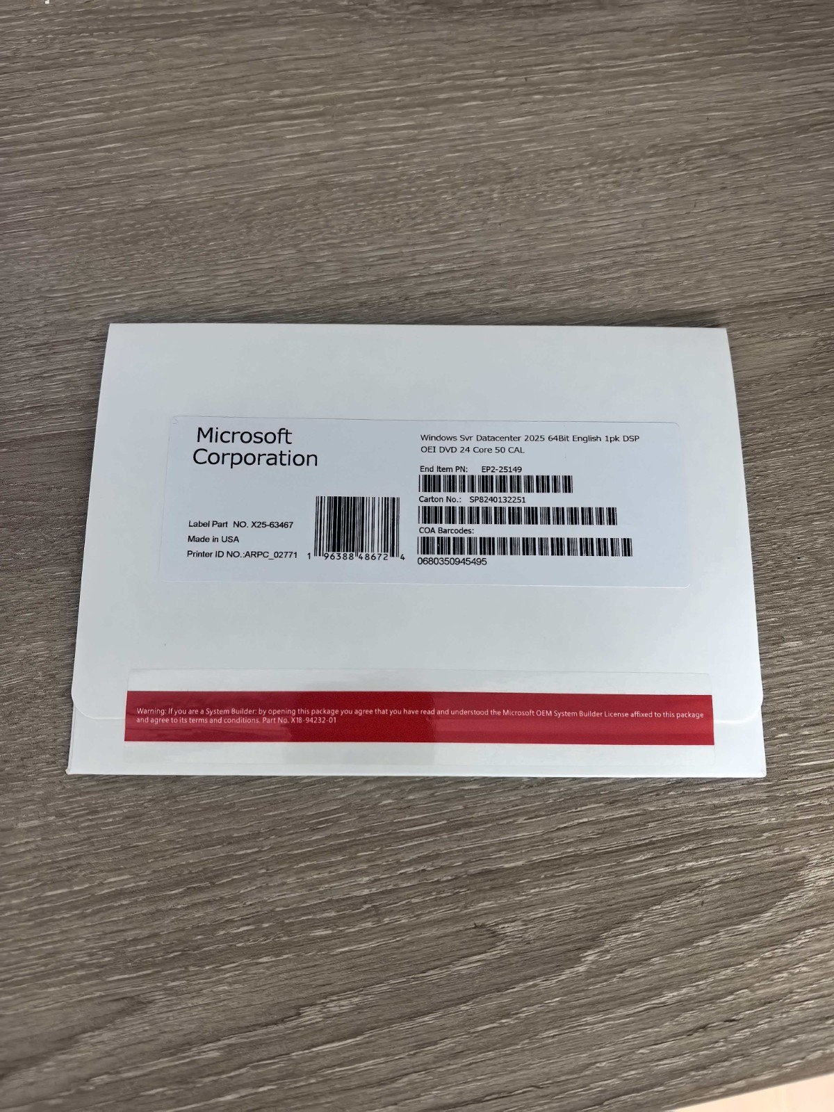 Windows Server 2025 datacenter 64bit 24 Core 50 cal DVD + PRODUCT LICENSE KEY