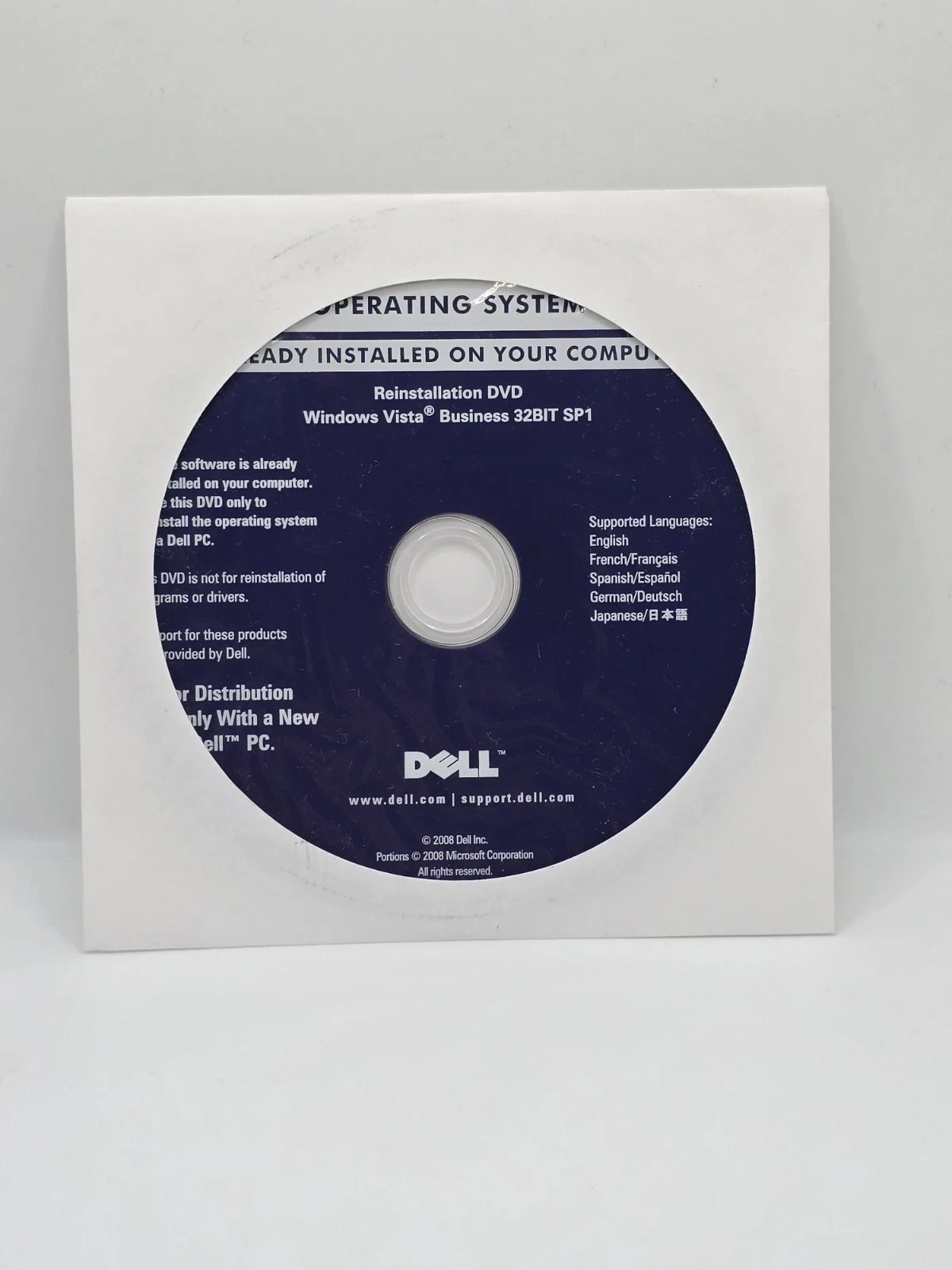 Dell – Microsoft Windows Vista Business 32Bit SP1 Reinstallation Disc – No Key