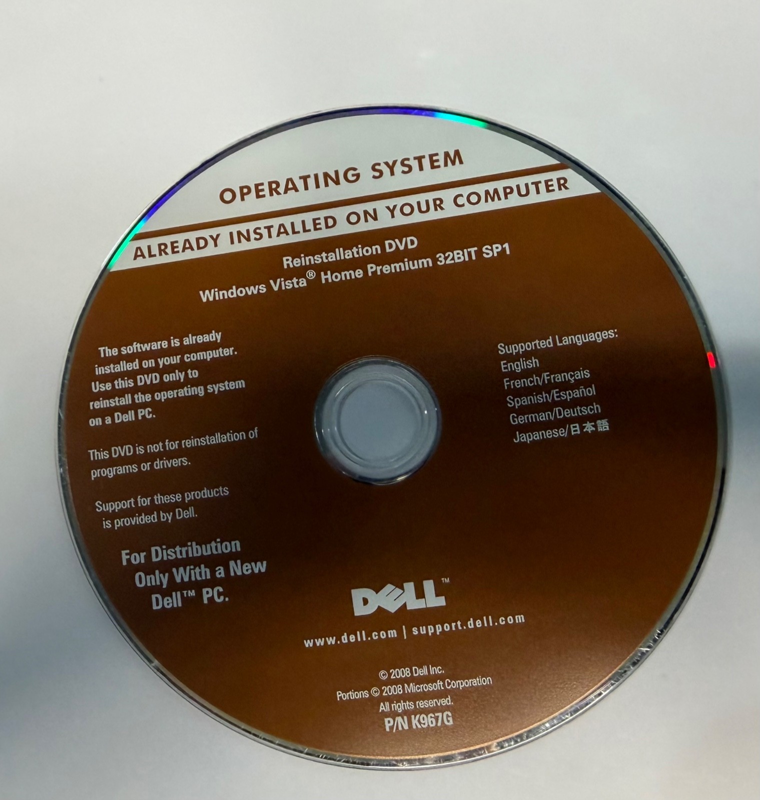 Dell Windows Vista Home Premium 32BIT SP1 Reintallation DVD