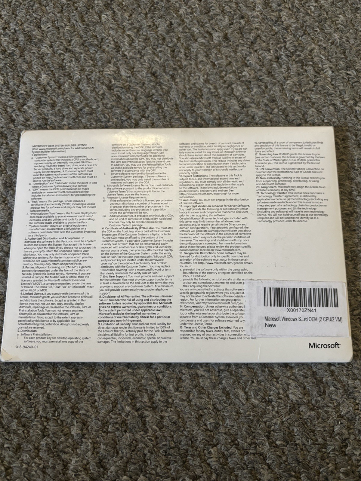 Microsoft Windows SVR STD 2012 x64 English Software DVD 2CPU/2VM