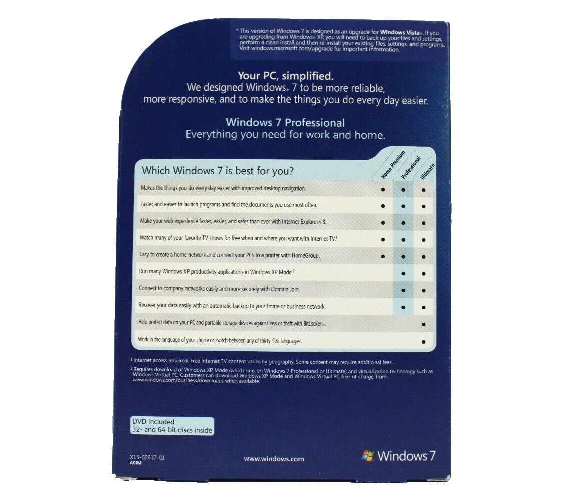 Microsoft Windows 7 Professional Full 32 & 64 bit DVD MS Win Pro Retail Box