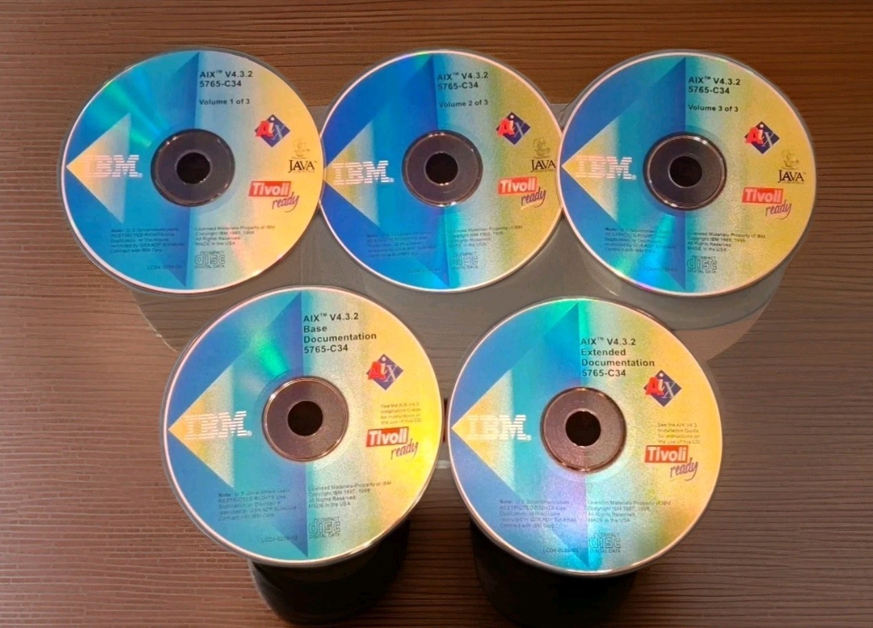 IBM AIX V4 3.2 / 5765-C34 – UNIX Software Vol 1-3 + Base & Ext. Docs CDs 5 Discs