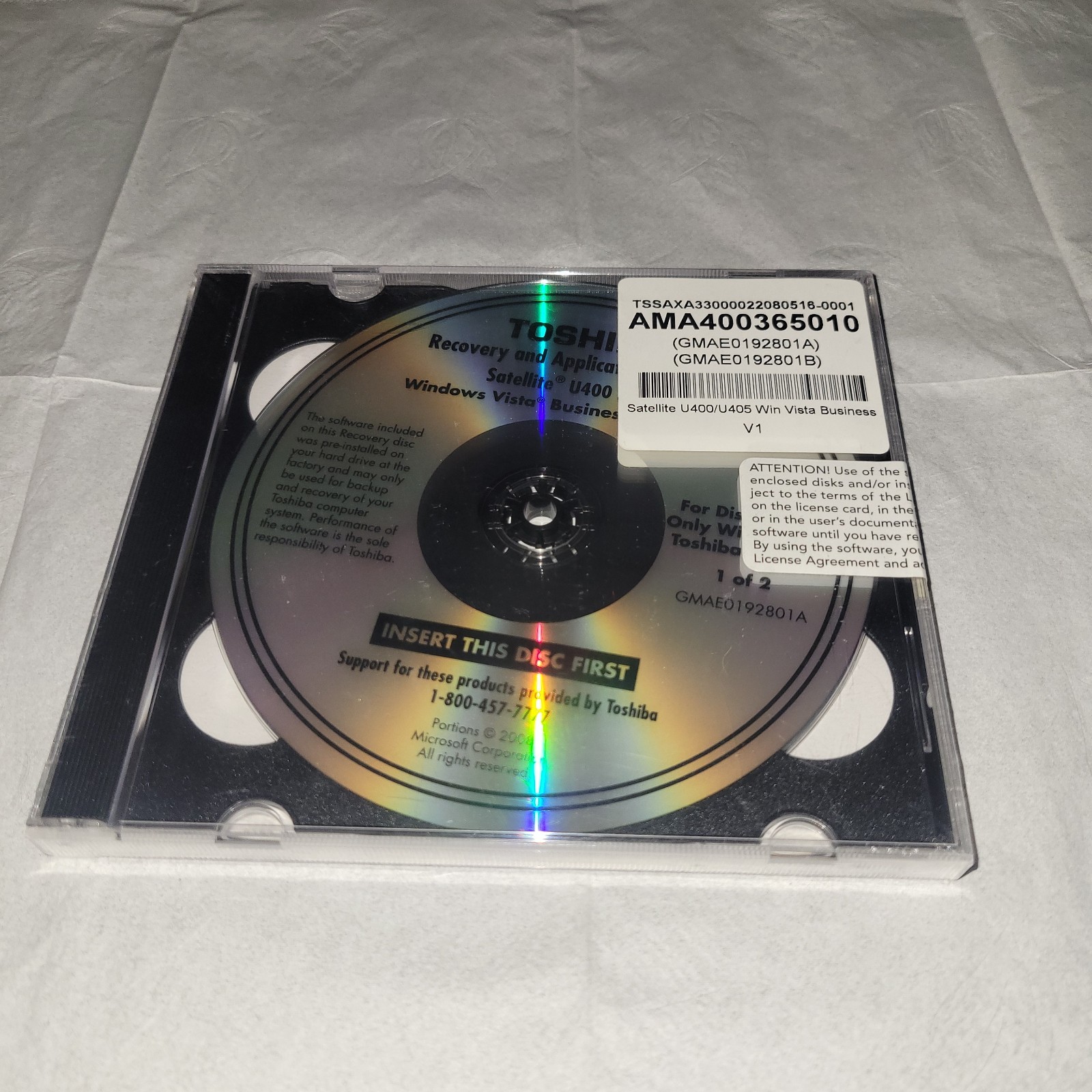 BRAND NEW SEALED Toshiba Satellite U400 Recovery & Applications DVD Disc 1