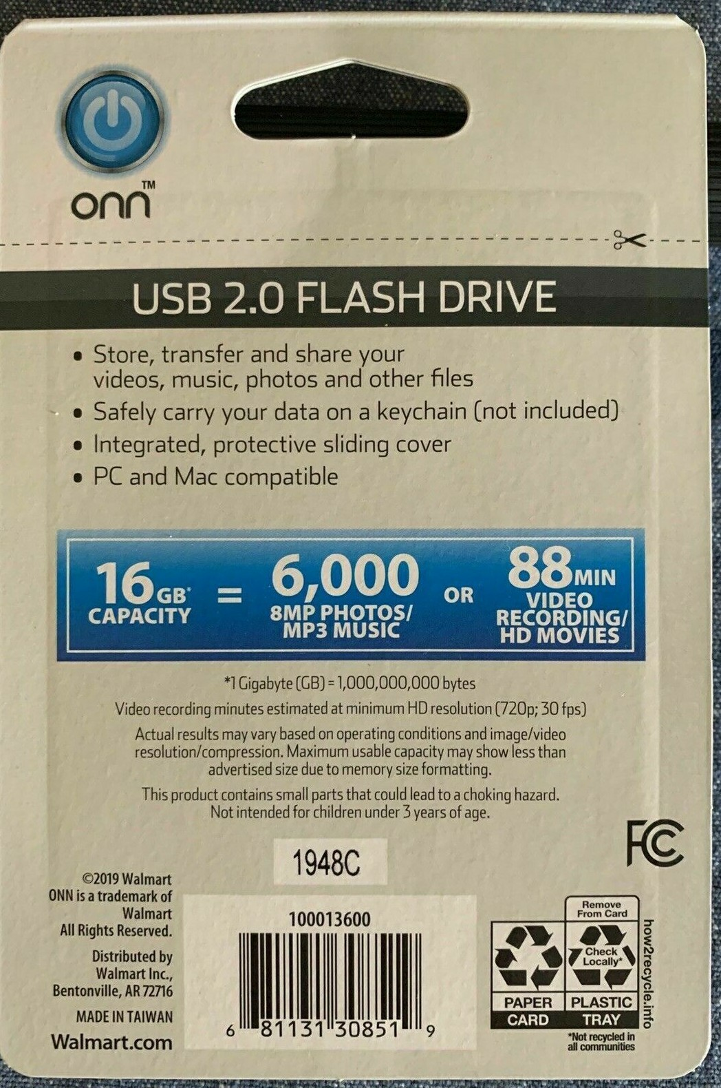 Flash Drive 16GB ONN USB 2.0 Compact Storage Protective Slider Design