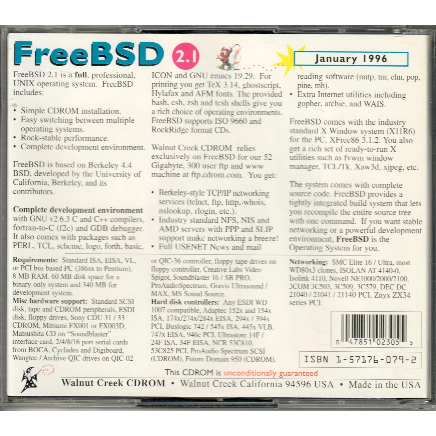FreeBSD 2.1 UNIX Operating System Install CD Walnut Creek CDROM January 1996