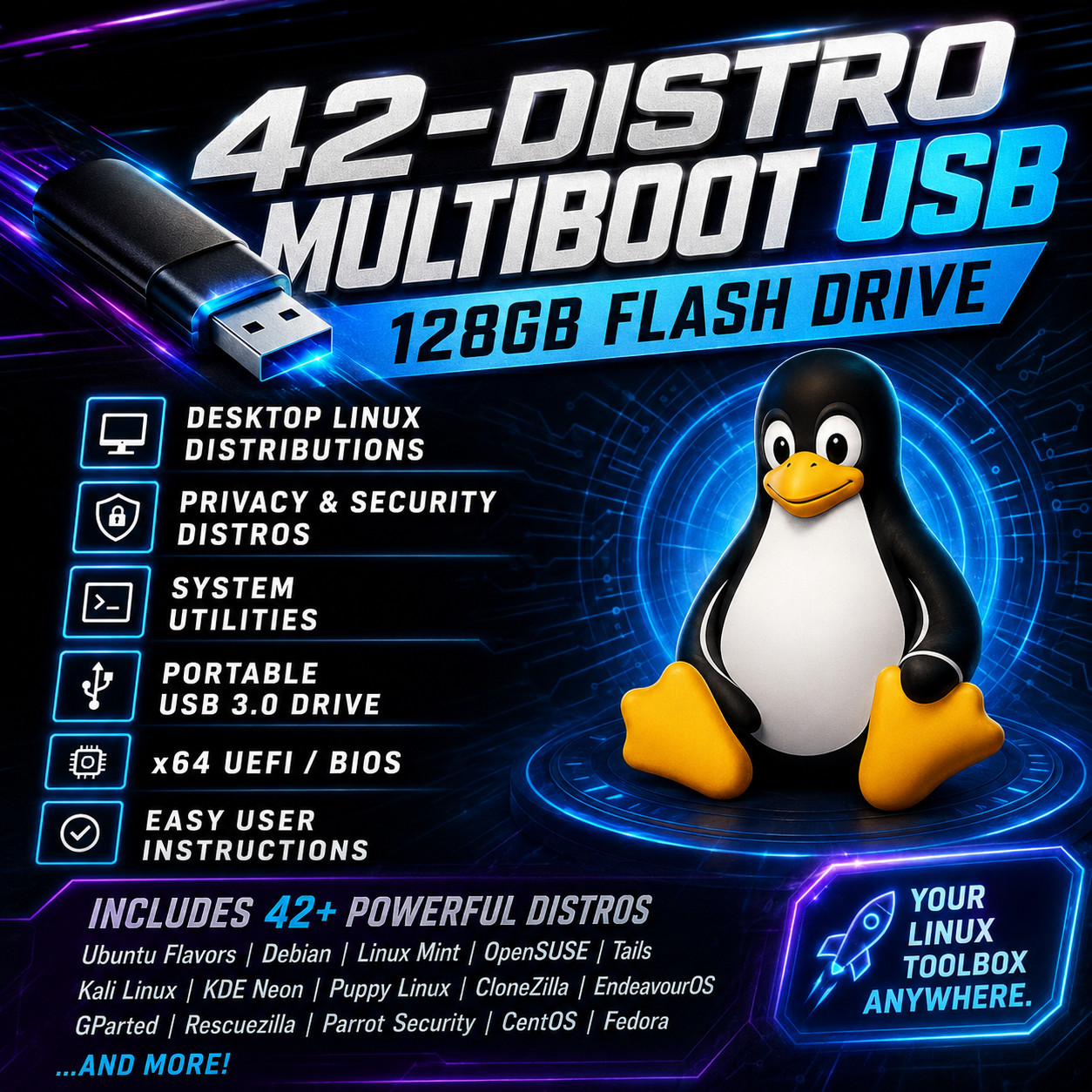 🔥✔️42-in-1 LINUX DISTROS MEGA PACK! Multiboot 128GB USB Flash Drive | FAST SHIP