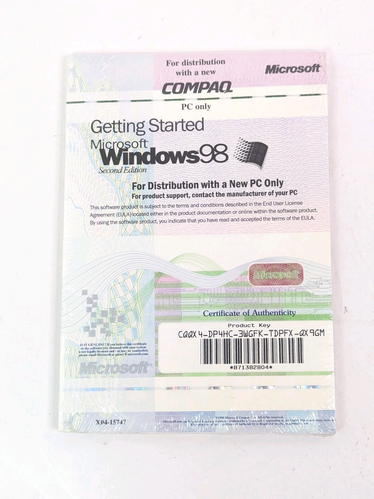 Microsoft Windows 98 Getting Started Manual Certificate Product Key Sealed No CD