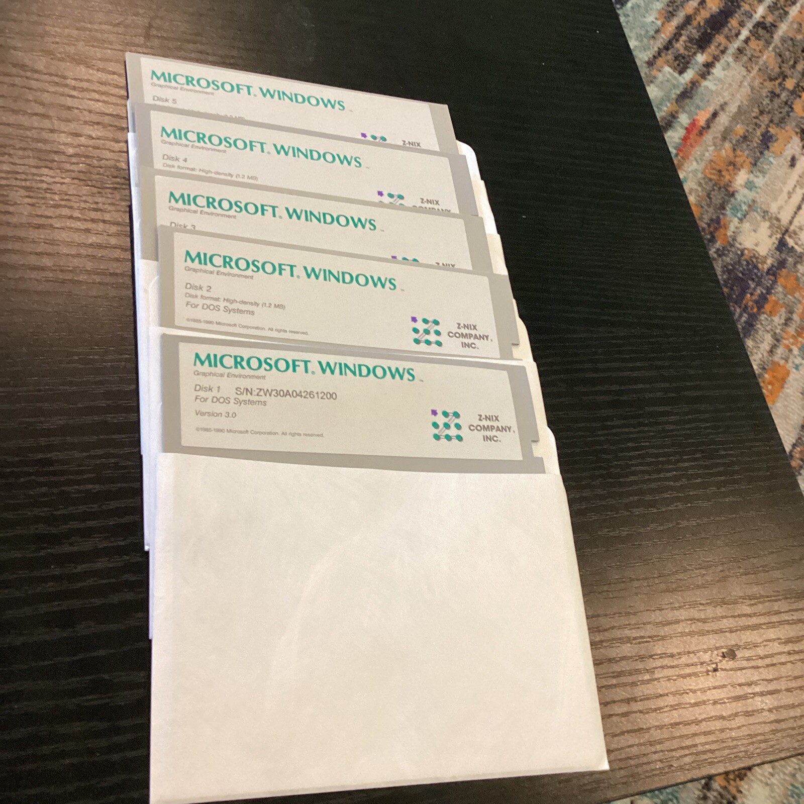 Lot of (5) Microsoft Windows for DOS Systems Version 3.0 5.25″ Floppy Disks