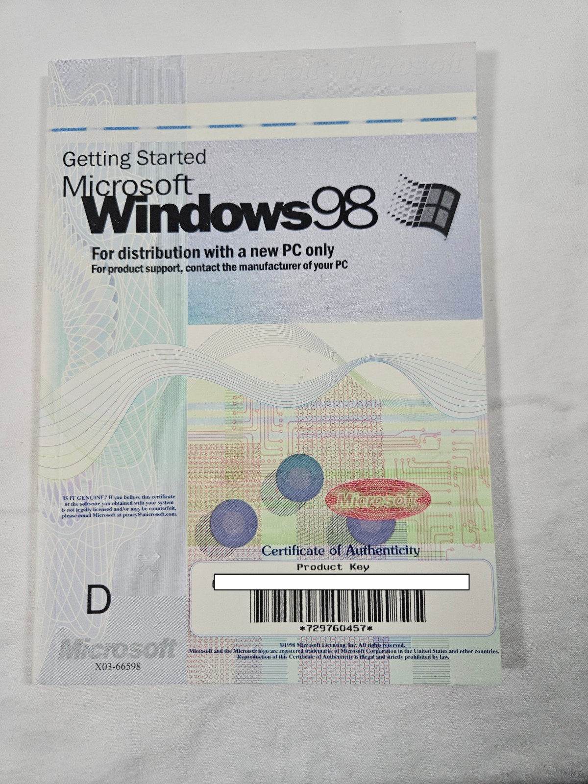 Windows 98 1st Ed. Getting Started Manual With COA & License Product Key – NO CD