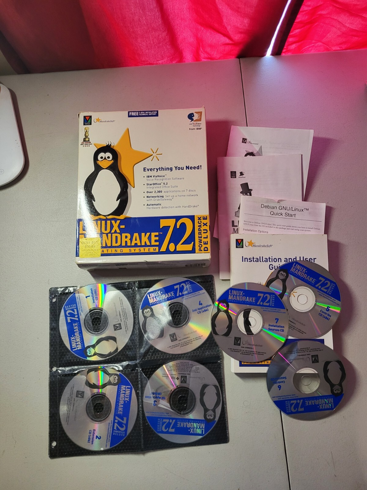 Linux Mandrake 7.2 Deluxe 2001 Operating System Software Big Box 7 CD’S Manuals