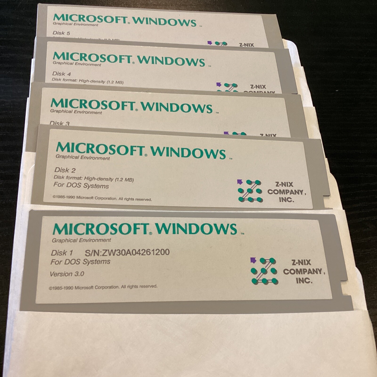 Lot of (5) Microsoft Windows for DOS Systems Version 3.0 5.25″ Floppy Disks