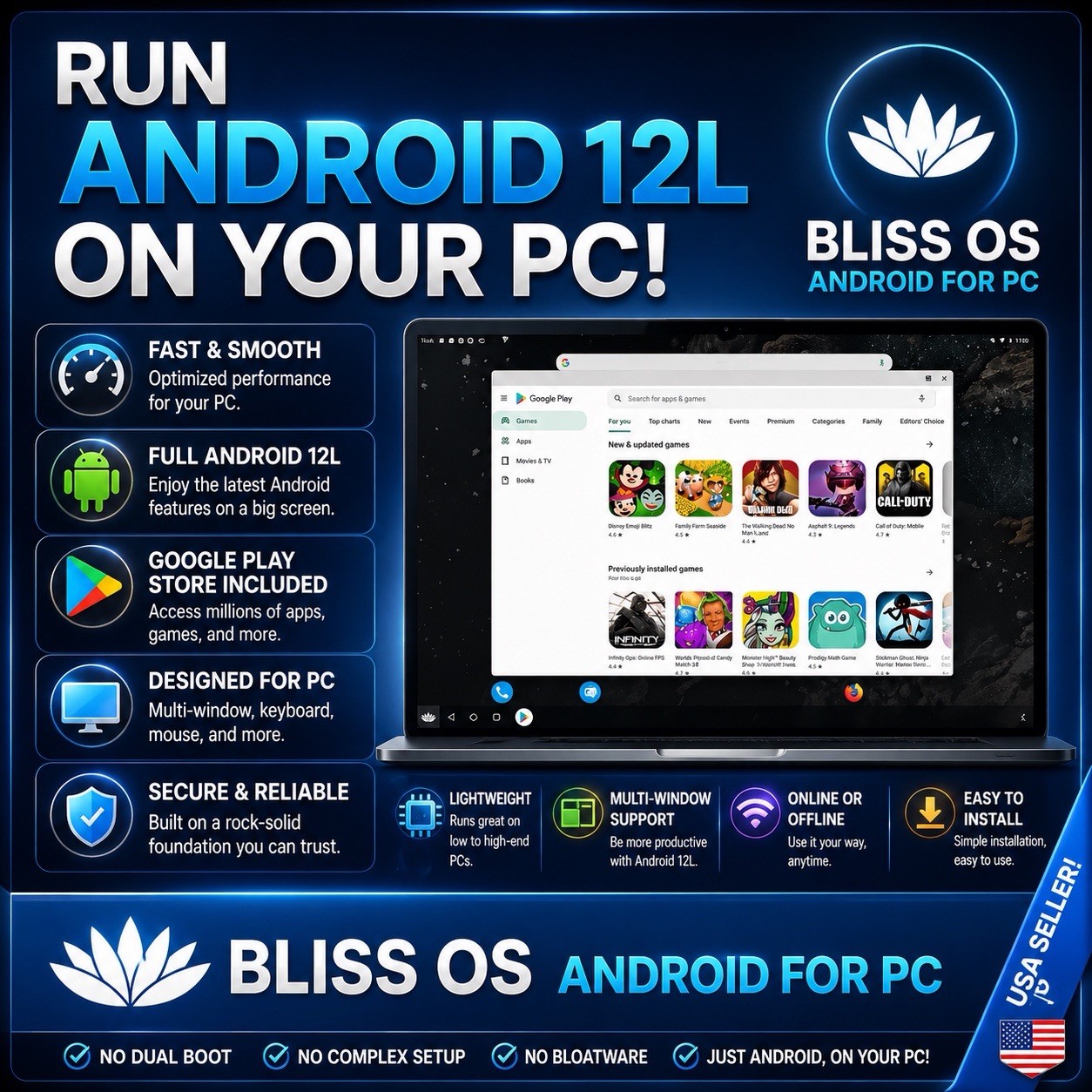 BLISS OS 15 (ANDROID 12L On PC) – Bootable InstallDVD US SELLER Free Shipping***