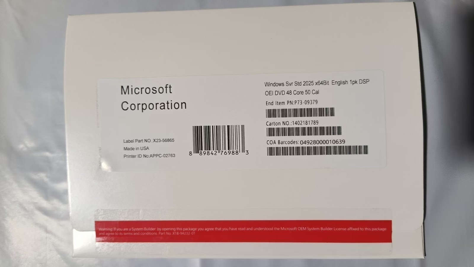 Microsoft Windows server 2025 Standard 64Bit 48 Core 50 CAL DVD+ Key Sealed