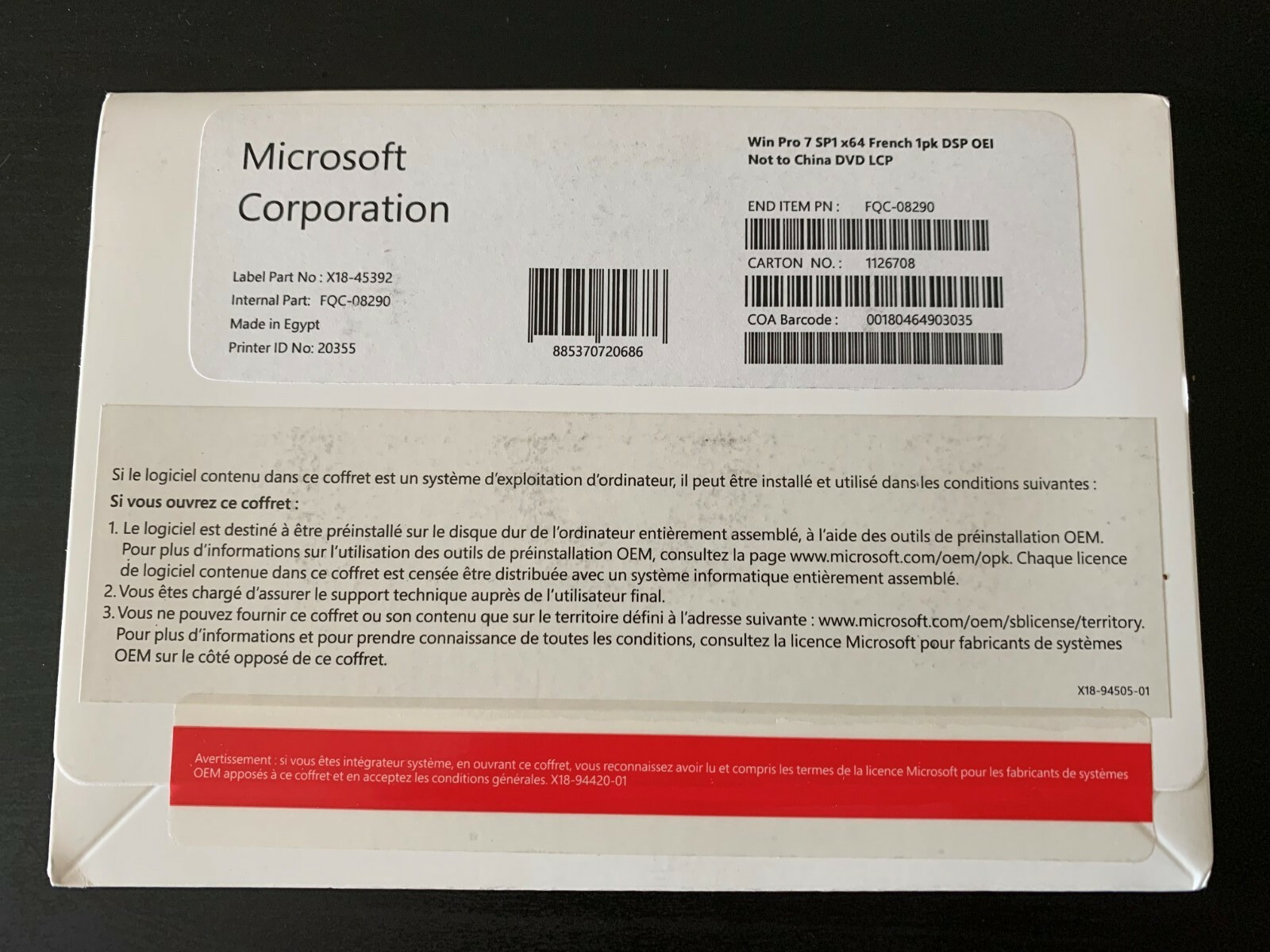 Windows 7 Pro Professional SP1 X64 Bit – French DVD and Product Key