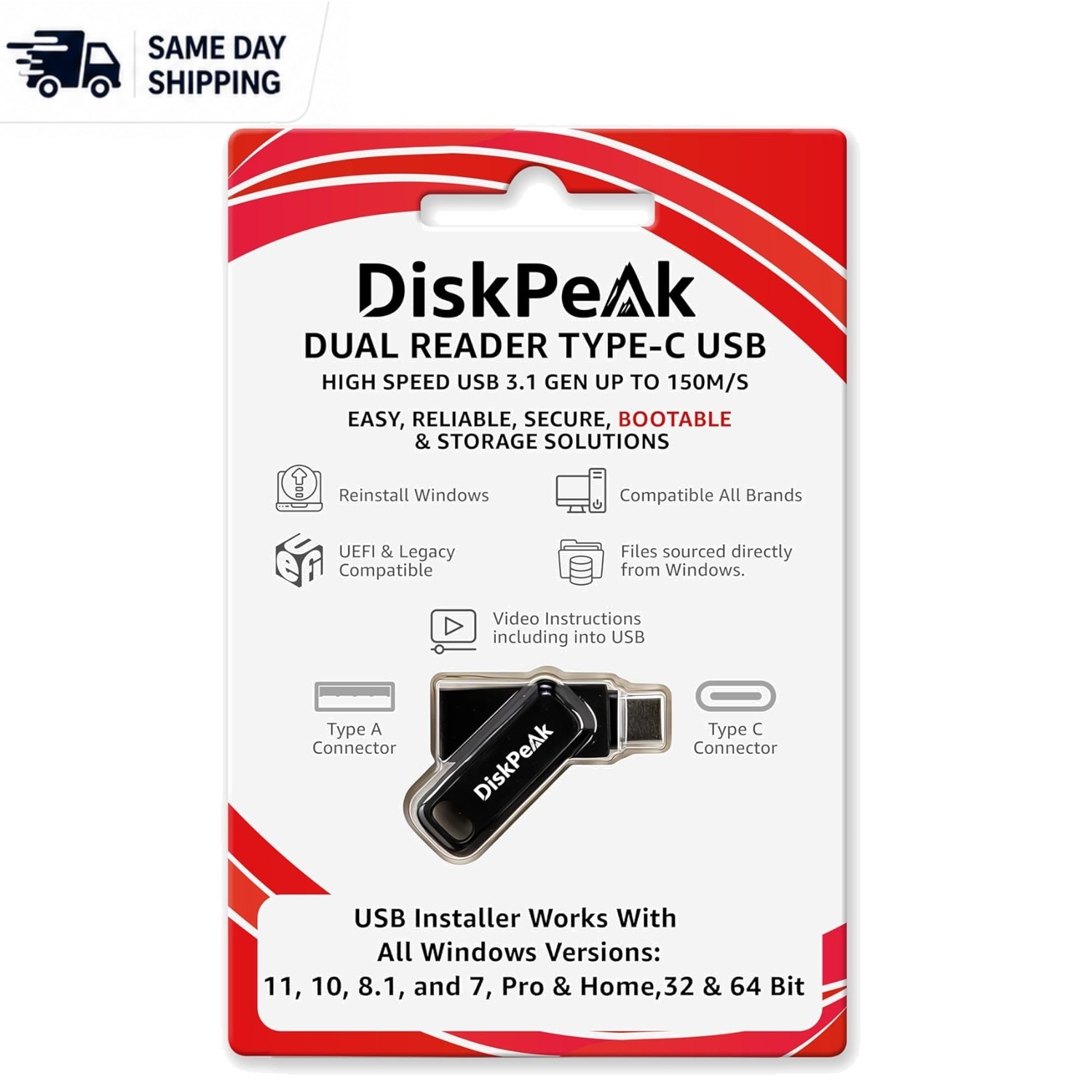 Universal 64GB Bootable USB Drive for Windows – Type-C & A – 150MB/s Speed