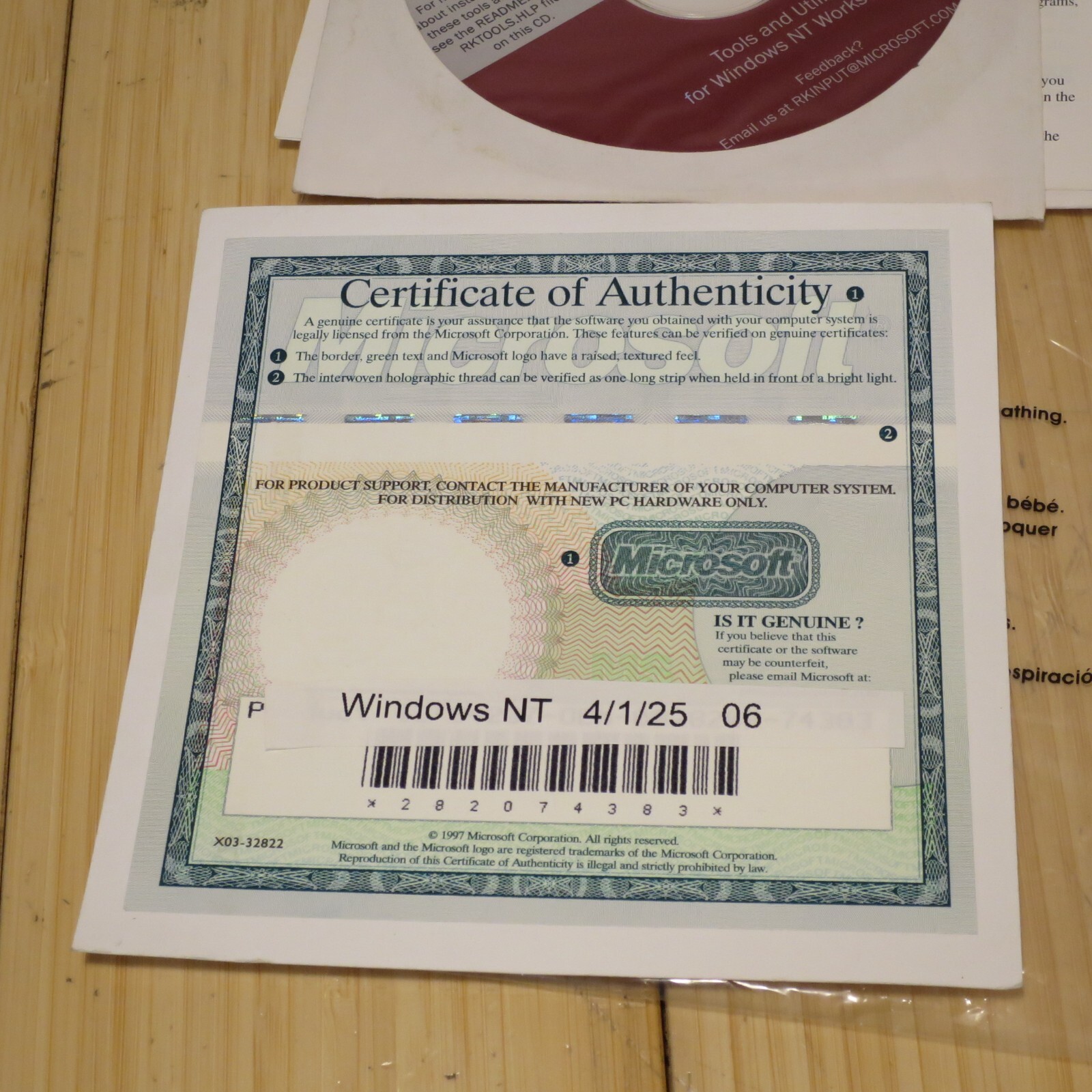 Microsoft Windows NT Workstation 4.0 SP3 CD-ROM, 3.5 disks, Manual & COA 06
