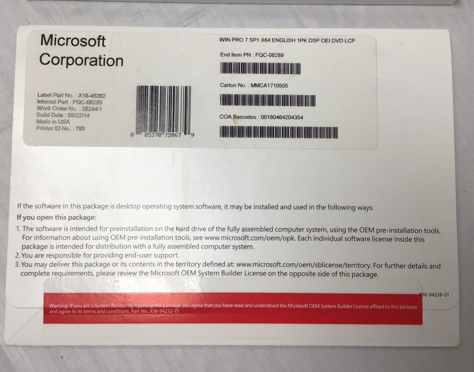 Microsoft WIN Pro 7 SP1 X64 EN DSP OEI 611 DVD w/SP1 (x64) English