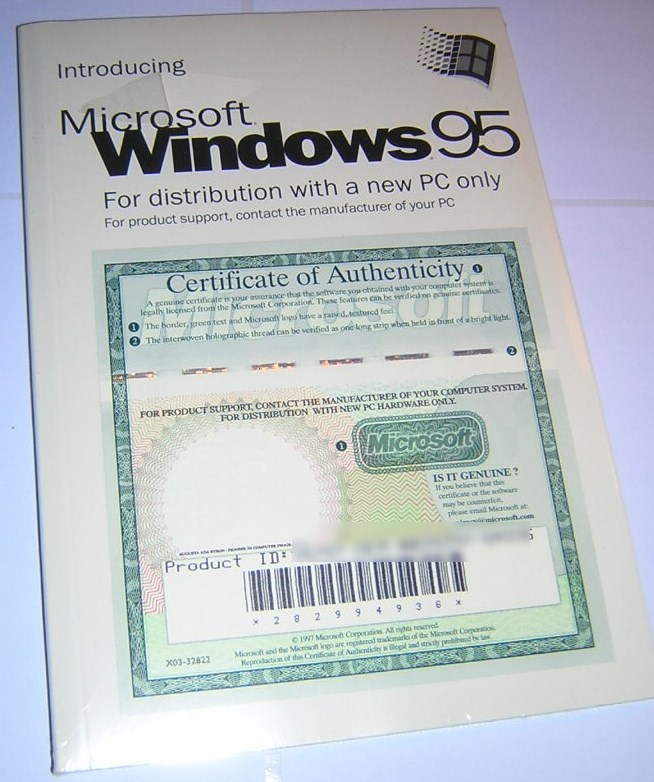 Microsoft Windows 95 OSR 2.1 Install CD-ROM COA/Product Key & User Guide