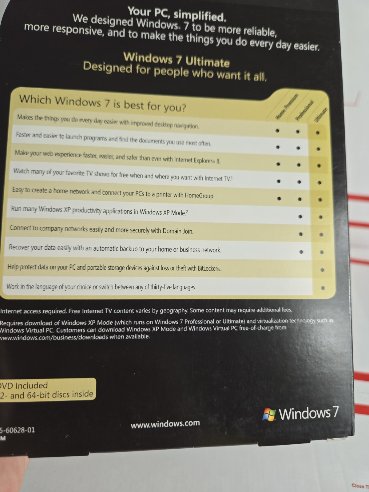Microsoft Windows 7 Ultimate 32/64 Bit DVD -Full Retail Version -LOT B