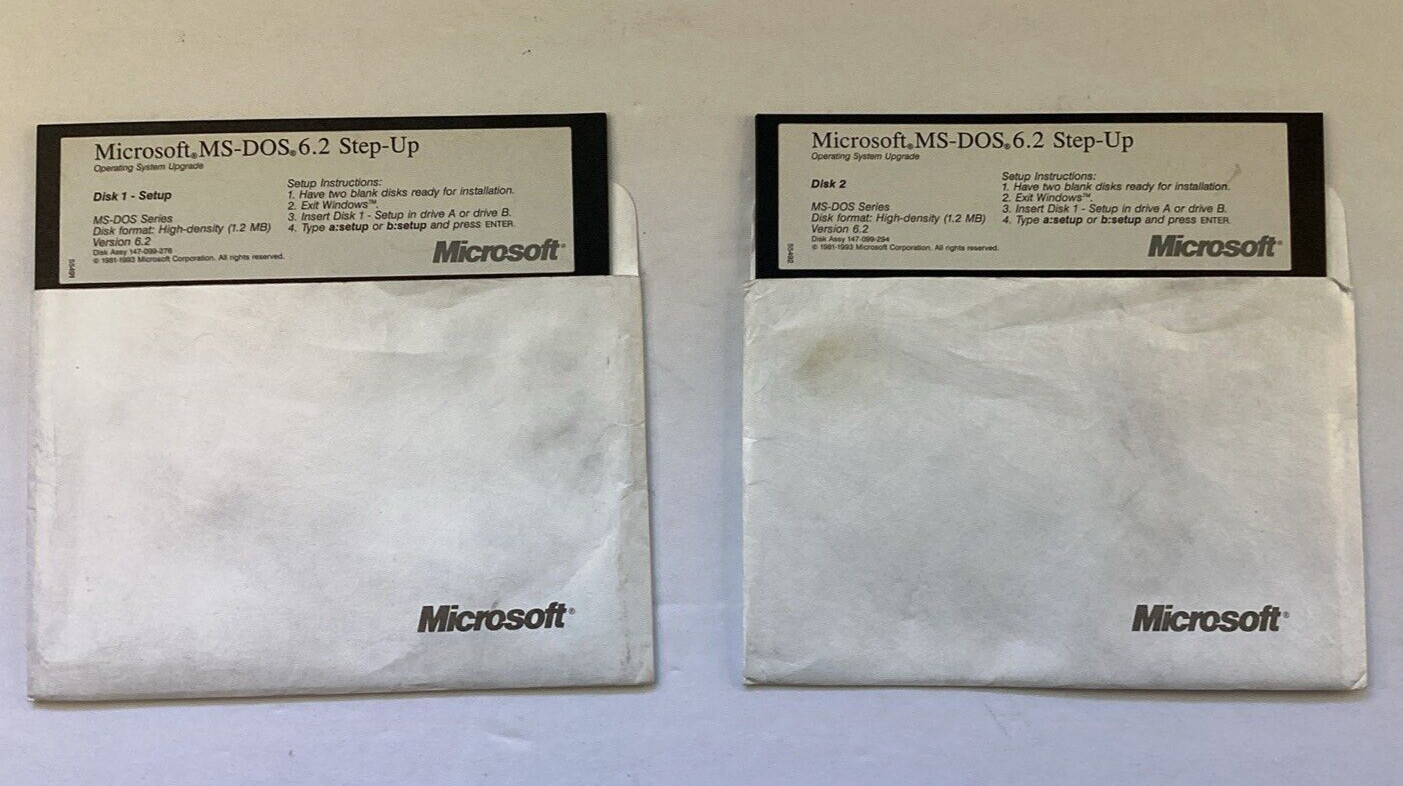 Microsoft MS-DOS 6.2 Step-Up Operating System Upgrade 5.25″ Floppy Setup Disks