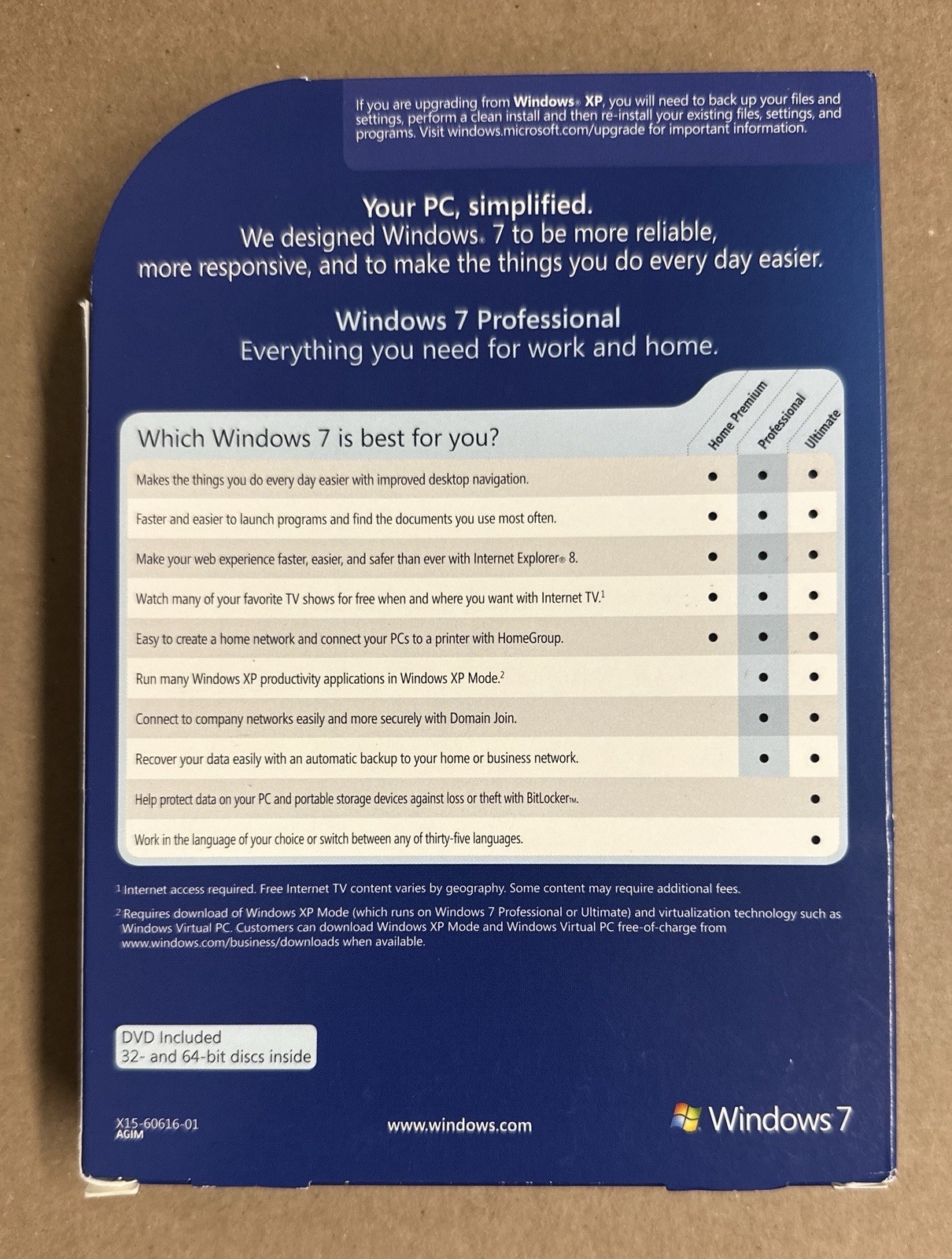 Microsoft Windows 7 Professional Full 32 & 64 bit DVD MS WIN PRO =RETAIL BOX=