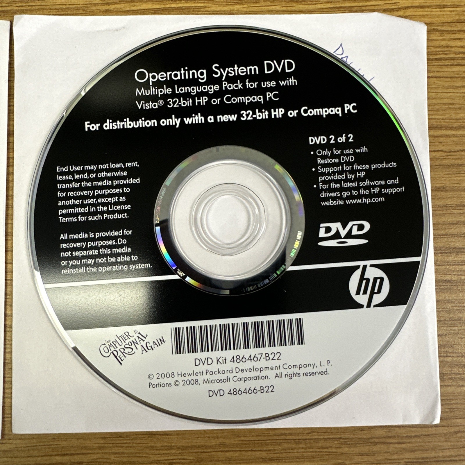 Lot 2 Microsoft Windows Vista Business SP1 32-bit HP Compaq PC Operating System