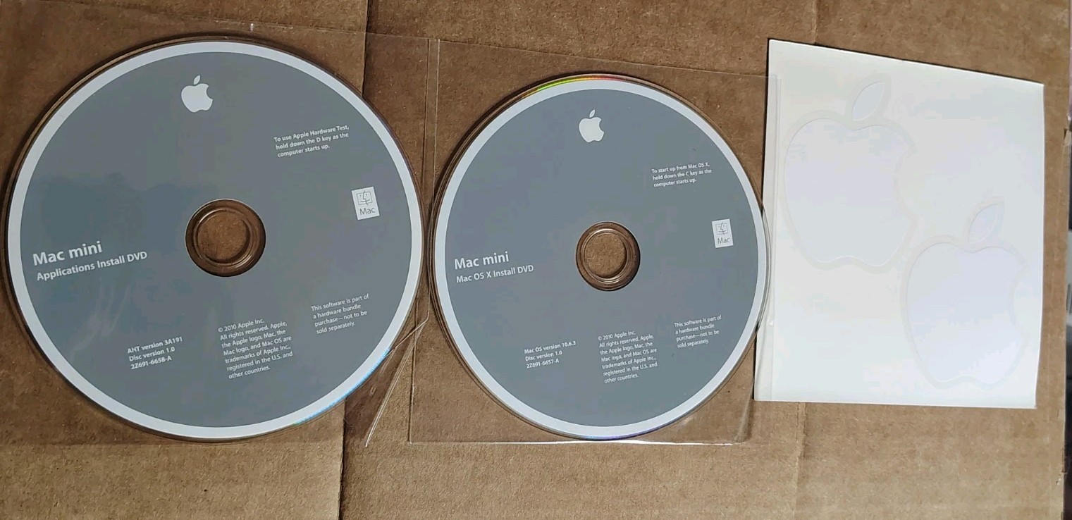Mac Mini OS X Install & Applications DVDs, 2010 2Z691-6657-A, 2Z691-6658-A