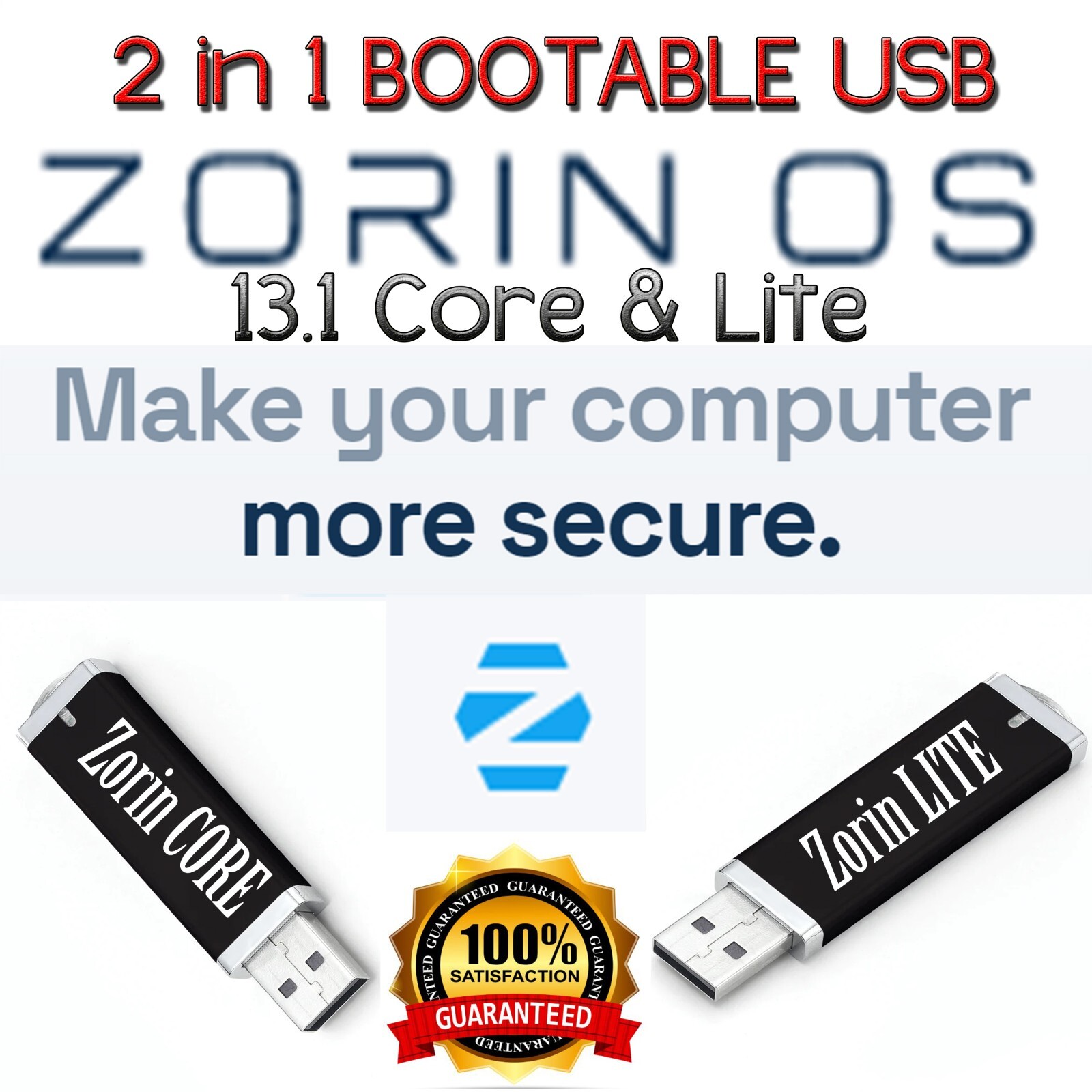 Zorin OS 13.1 USB 2-in-1 Drive Live Boot Lite & Core GUI- Same Day Shipping USA