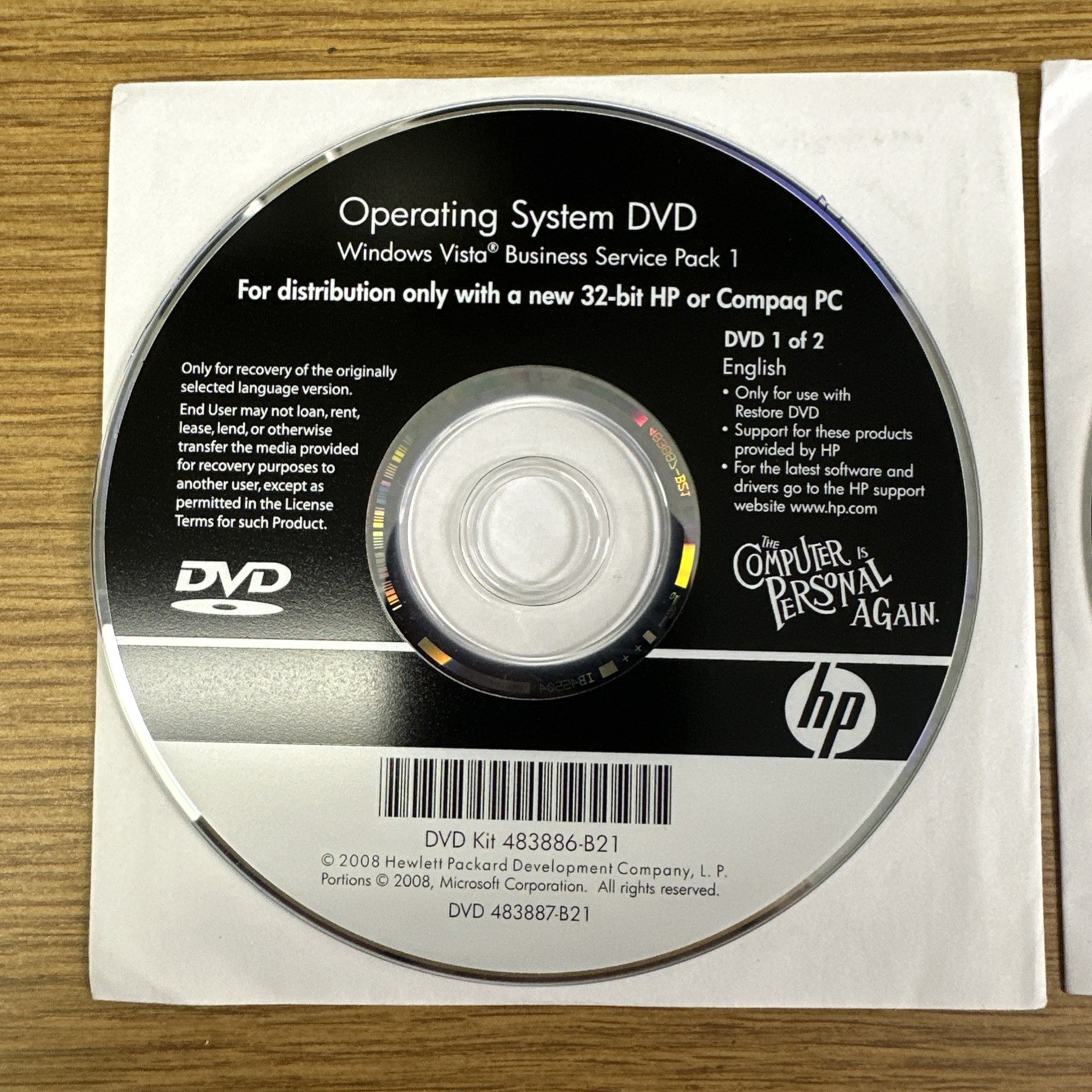 Lot 2 Microsoft Windows Vista Business SP1 32-bit HP Compaq PC Operating System