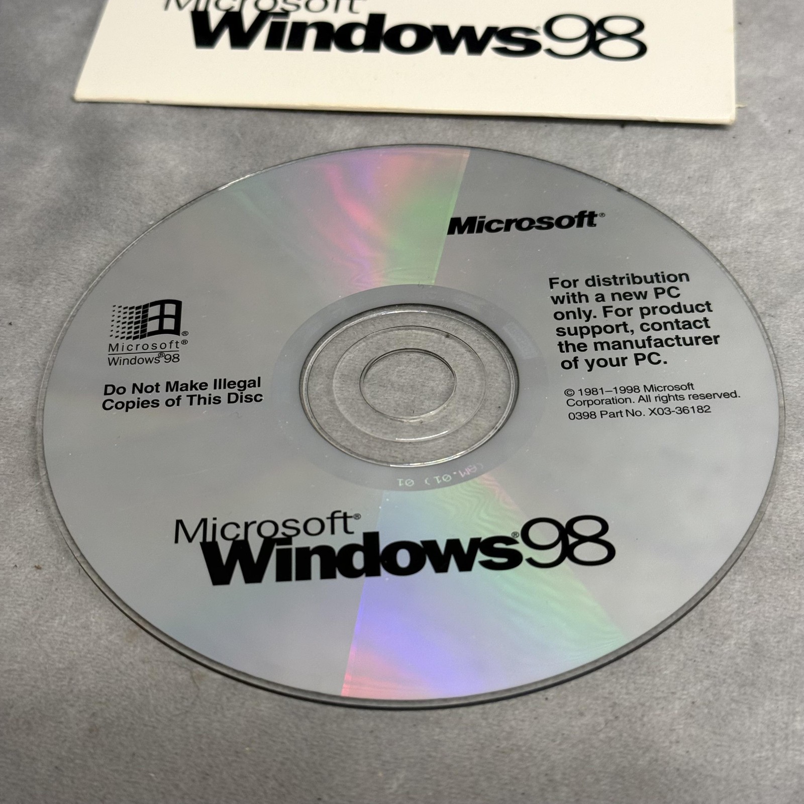 Vintage Microsoft Windows 98 OEM CD with Sleeve 1998 P/N X03-36068 For New PC