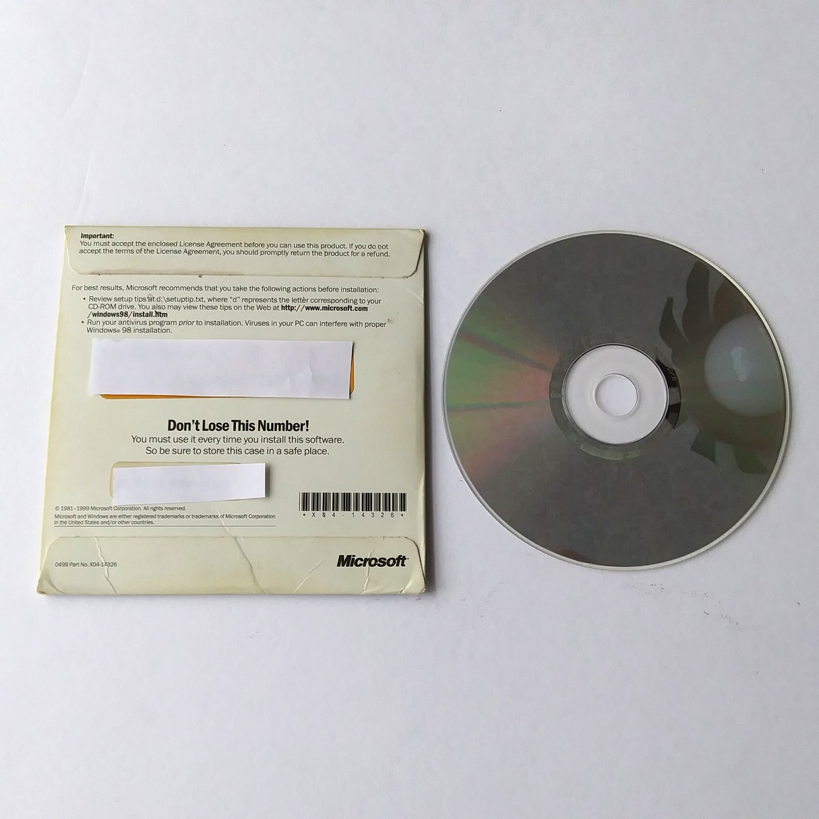 Microsoft Windows 98 Second Edition SE Upgrade CD w/ Product Key Sleeve PC OS