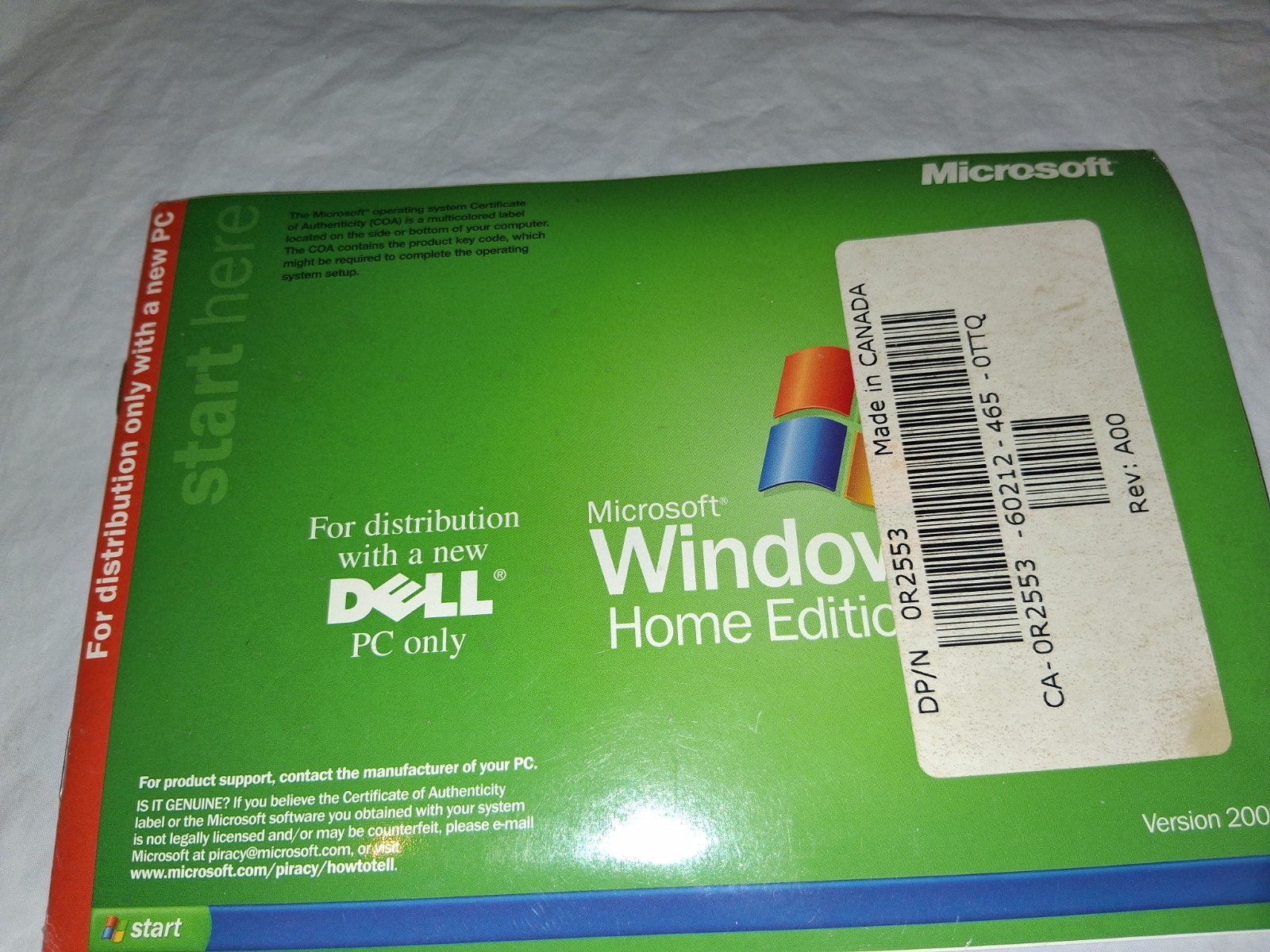 Dell Windows XP HOME SP1a Reinstallation CD – No Product Key Service Pack 1a