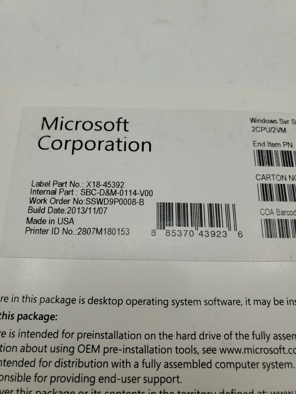 Microsoft Windows SVR STD 2012 x64 English Software DVD 2CPU/2VM