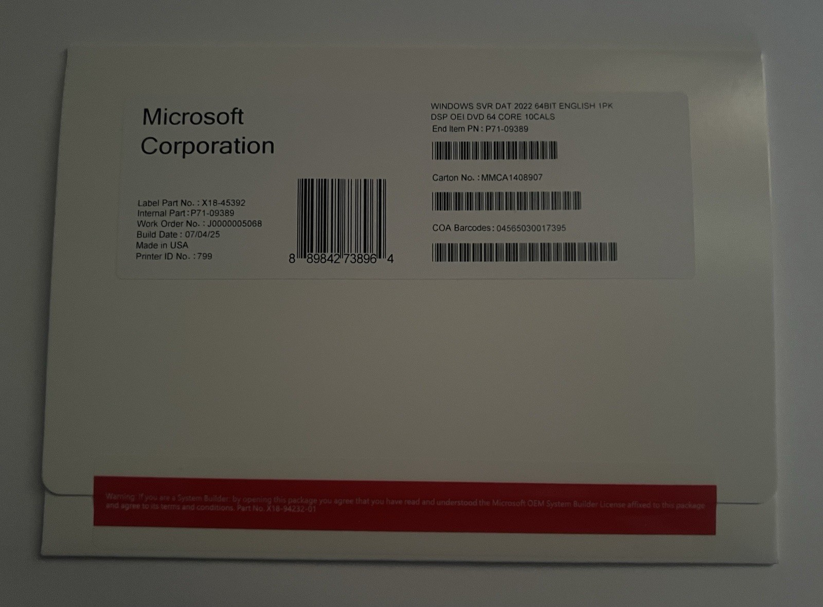 Microsoft Windows Server 2022 Datacenter 64 Core + 10 CALS (New Factory Sealed)